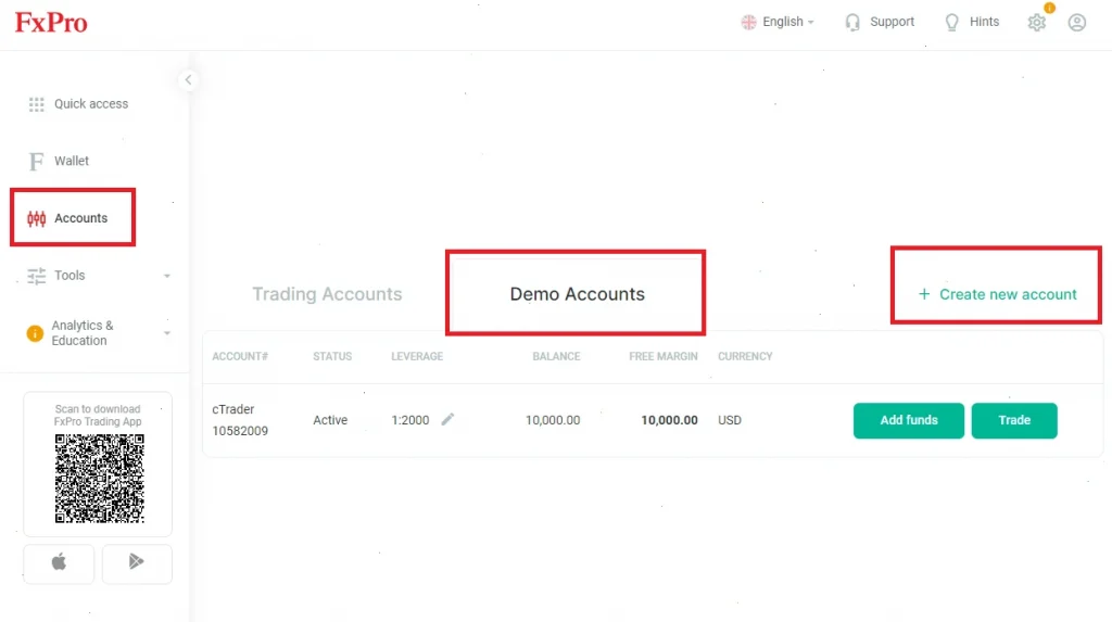Создание демо-счёта FxPro