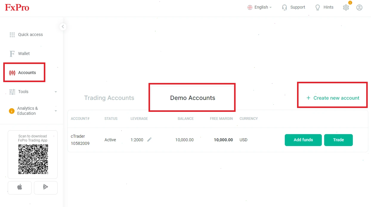 Как создать новый демо-счёт FxPro